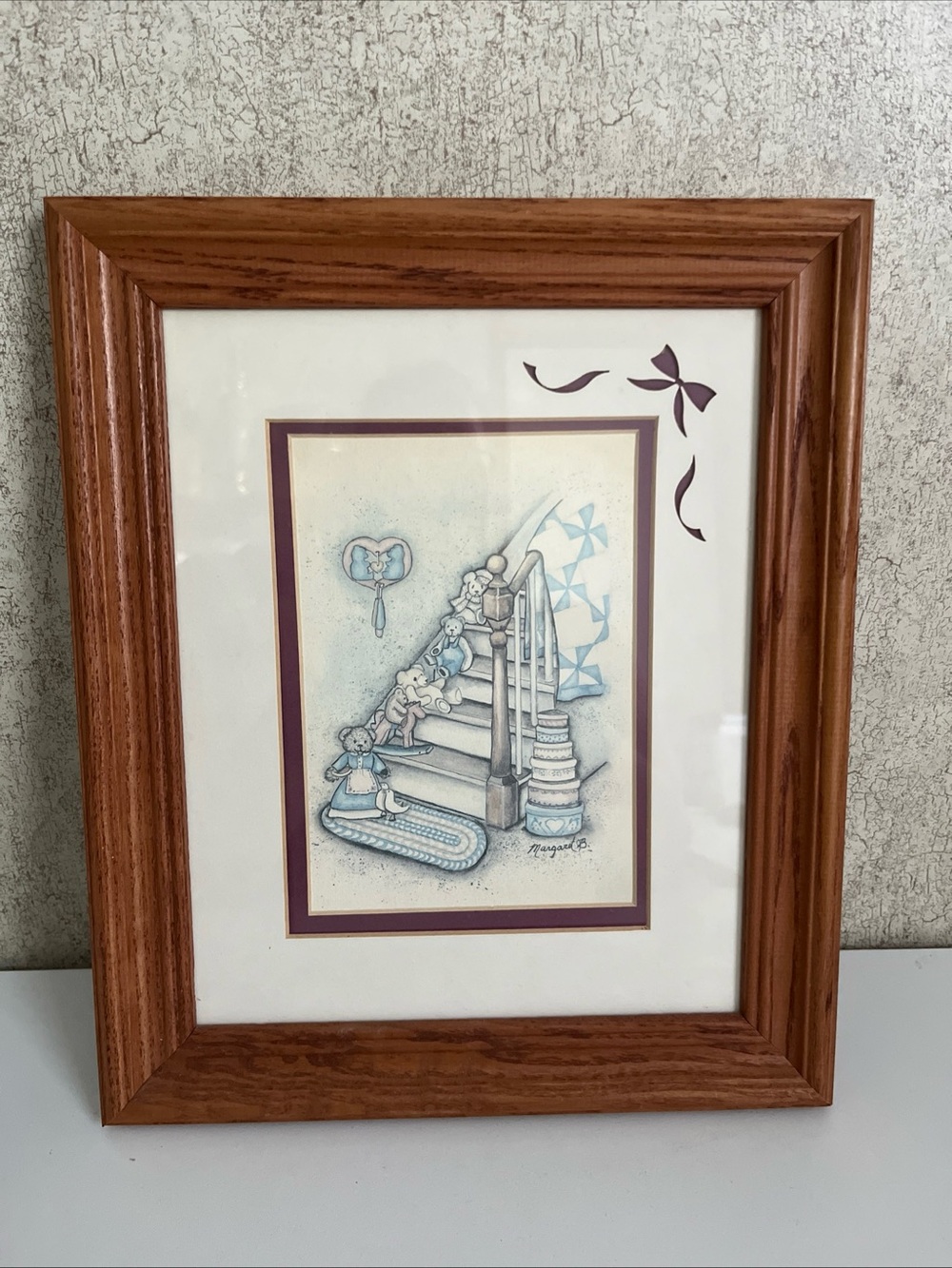 Vintage Framed Matte Print Folk Art Teddy Bears Country Decor Signed 10”x 12.5”
